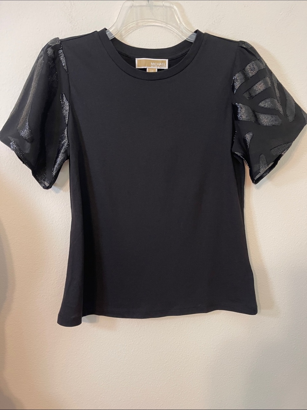 NWT Michael Kors Black Short-Sleeve Top w/ Sheer Sparkly Sleeves